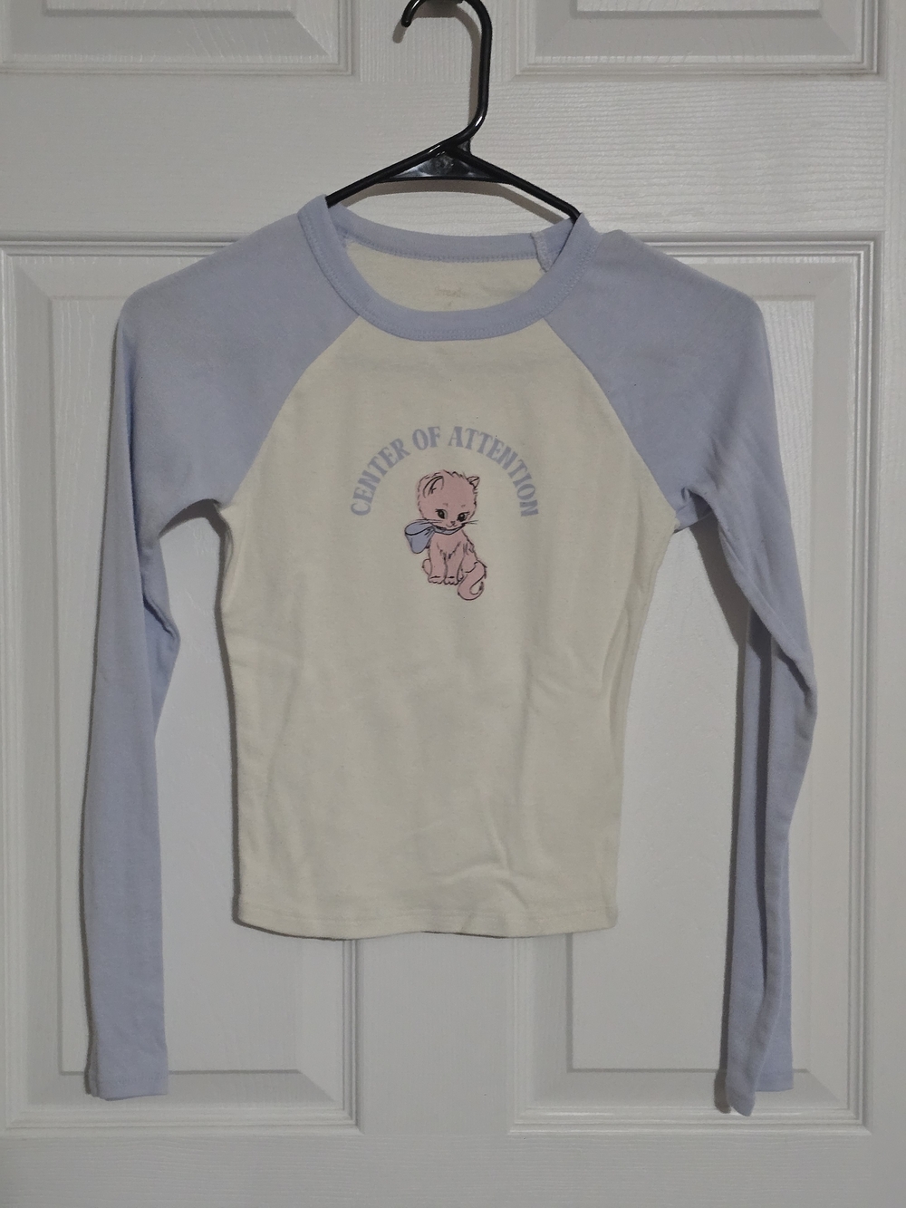Lux Cream & Light Blue Raglan Long Sleeve Tee with Kitten Graphic